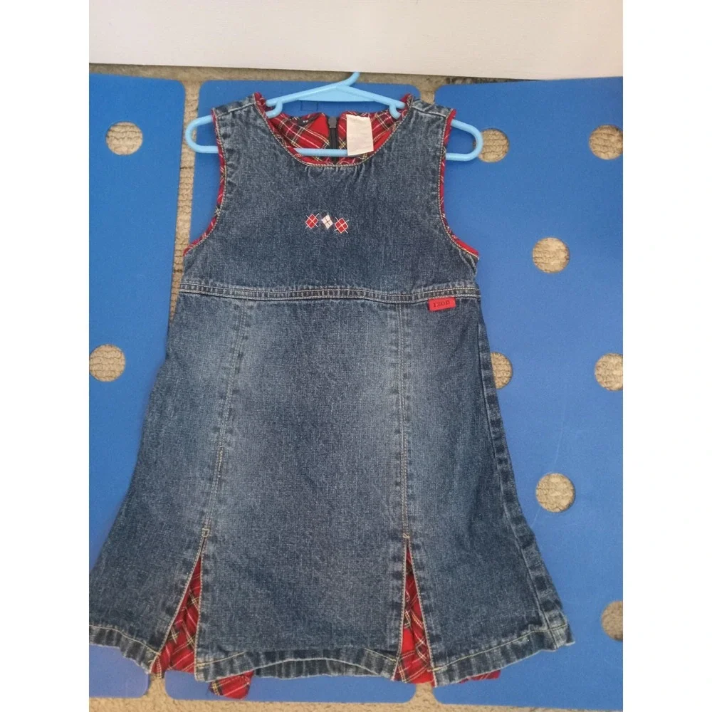 Izod Toddler Girls Jean Jumper Dress Size 4T Sleeveless Denim Jumper Plaid‎ Blue
